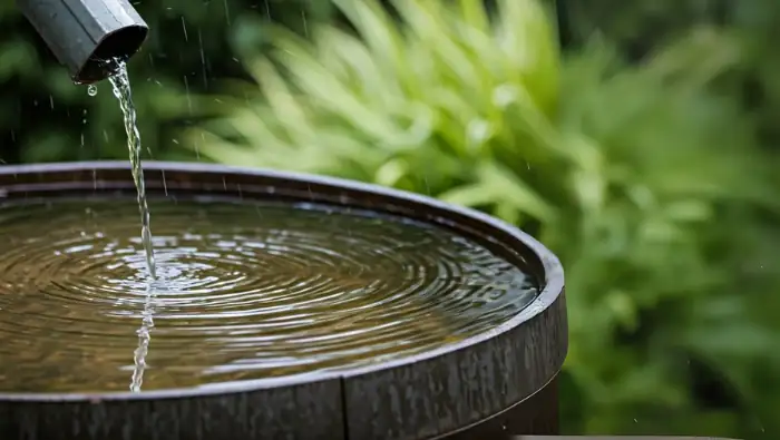 Regenwasser läuft aus einem Fallrohr in eine Wassertonne