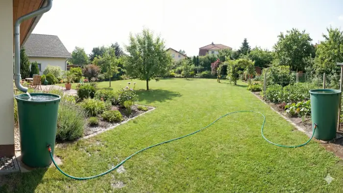 Zwei Regentonnen, die nach dem Prinzip der kommunizierenden Röhren miteinander verbunden sind. Die an entgegengesetzten Enden des Gartens stehen. 