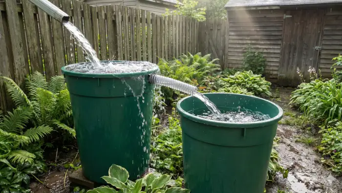 Zwei Regentonnen, die sehr einfach miteinander verbunden sind. Das Wasser läuft vom Dach in die erste Tonne, von da in die zweite.