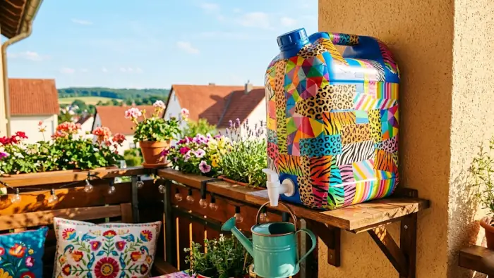 Bunt beklebter Kanister als Regenwasserspeicher auf dem Balkon