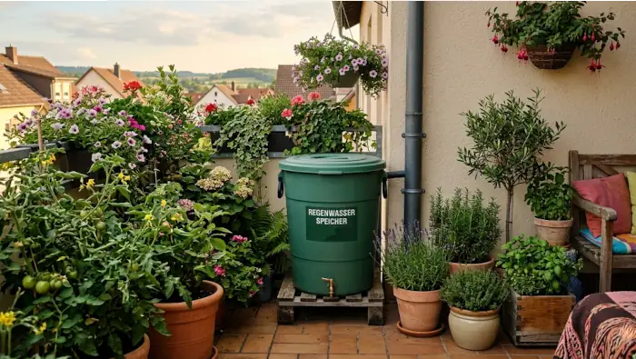 Eine kleine Regentonne auf einem Balkon inmitten von vielen Balkonpflanzen