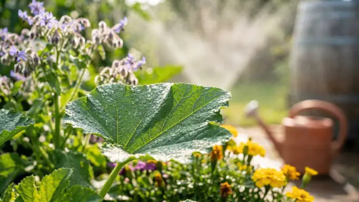 Ein gut gewässerter Garten im Sommer. Regentonne, Gießkanne und Rasensprenger, alles mit Regenwasser betrieben.